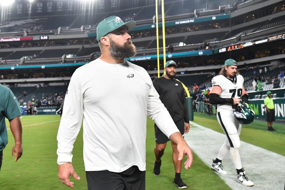 Aug 24, 2023; Philadelphia, Pennsylvania, USA; Philadelphia Eagles center Jason Kelce (62) against the Indianapolis Colts at Lincoln Financial Field. Mandatory Credit: Eric Hartline-USA TODAY Sports