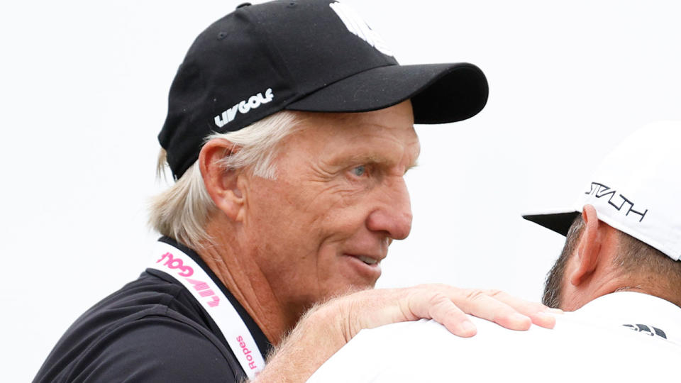 Seen here, LIV Golf CEO Greg Norman with Dustin Johnson at a tournament in 2022. 