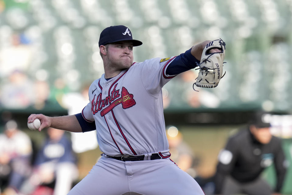 Atlanta Braves pitcher Bryce Elder throws to an Oakland Athletics batter during the first inning of a baseball game in Oakland, Calif., Tuesday, May 30, 2023. (AP Photo/Godofredo A. Vásquez)