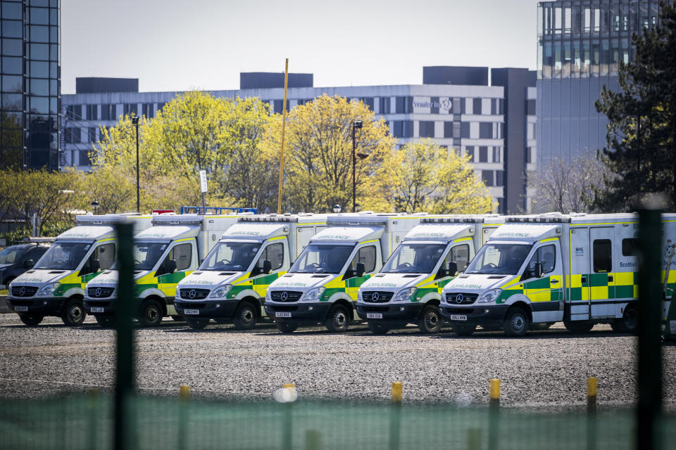 Ambulances parked up outside the NHS Louisa Jordan hospital at the Scottish Events Campus (SEC) in Glasgow as the UK continues in lockdown to help curb the spread of the coronavirus.