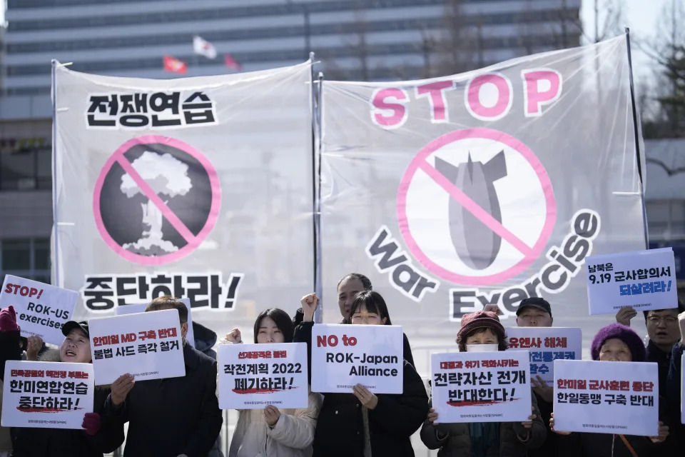 Protesters shout slogans during a rally demanding to stop the joint military exercises between the U.S. and South Korea, in Seoul, South Korea, Monday, March 4, 2024. South Korea and the United States began large annual military exercises Monday to bolster their readiness against North Korean nuclear threats after the North raised animosities with an extension of missile tests and belligerent rhetoric earlier this year. (AP Photo/Lee Jin-man)