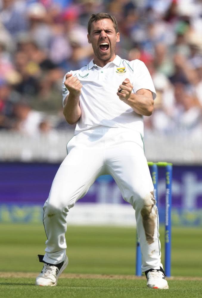 South Africa's Anrich Nortje celebrates taking the wicket of England's Jonathan Bairstow at Lord’s on the rain shortened first day of the first Test.