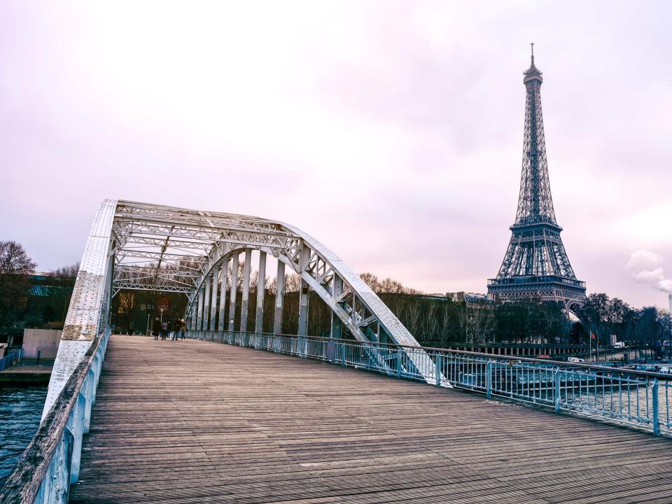 A view of Paris with the Eiffel Tower and Passerelle Debilly Bridge