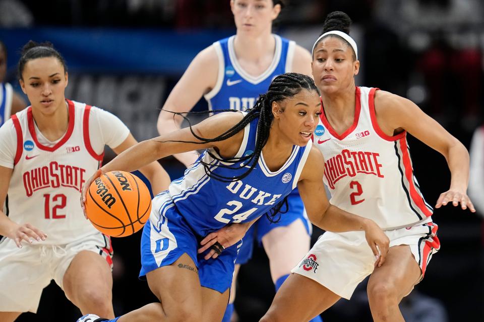 Duke guard Reigan Richardson dribbles around Ohio State's Taylor Thierry on Sunday.