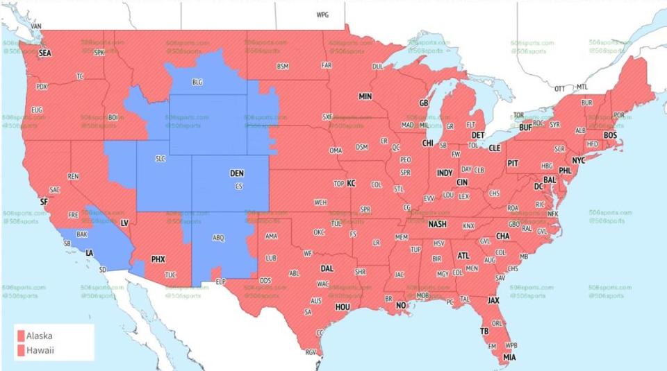 The Chiefs-Bills game will be seen in the red areas, while Broncos-Chargers is in blue.