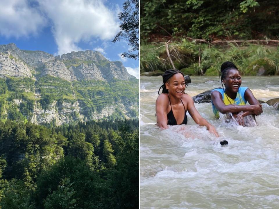 A split image of a mountain with trees and two women sitting in a river laughing.