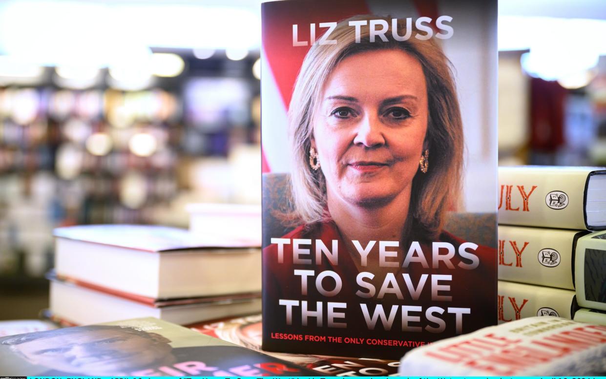 A copy of "Ten Years To Save The West" by Liz Truss is seen in a branch of the Waterstones book store