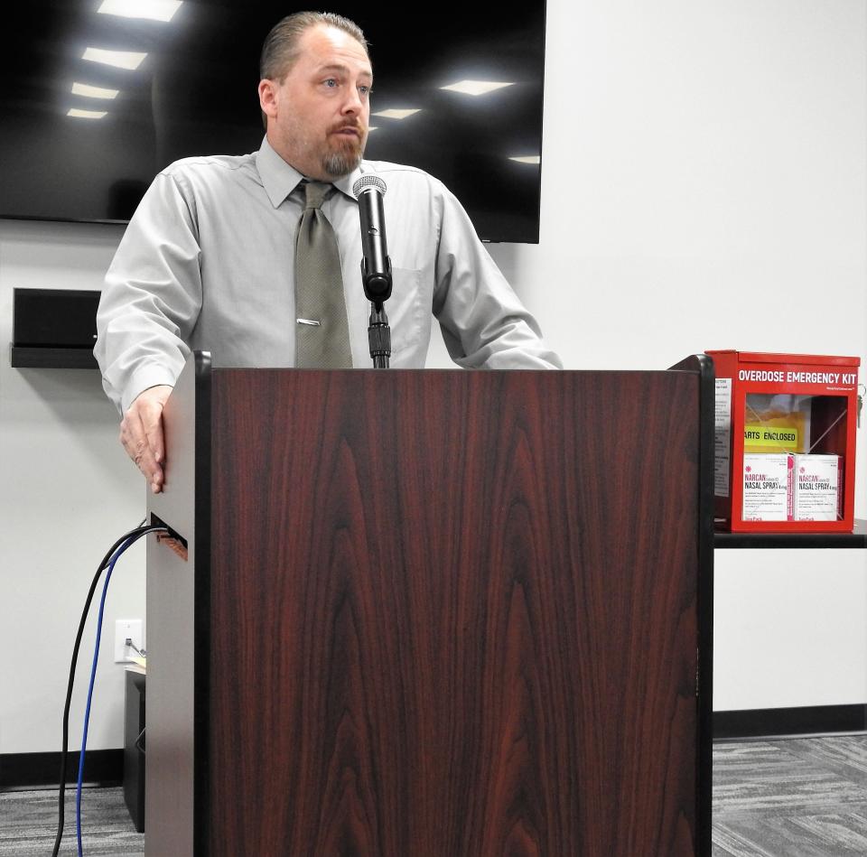 Karl Hoop, criminal justice and crisis services coordinator for the Mental Health and Recovery Services Board, speaks at the first ever Coshocton Criminal Justice Collaborative meeting. The goal is to foster communication and networking between various organizations relating to mental health and criminal justice and law enforcement.