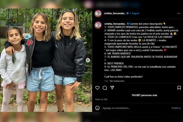 Cinthia Fernández mostró el cierre escolar de sus hijas (Foto Instagram @cinthia_fernandez_)