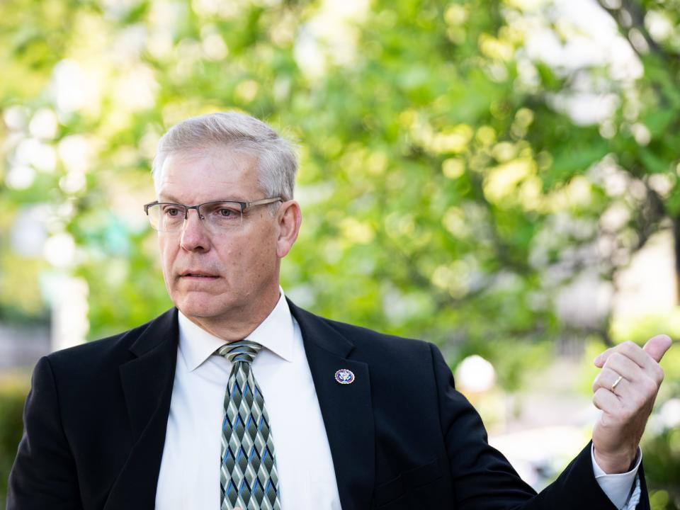 Barry Loudermilk, R-Ga., arrives for the House Republican Conference caucus meeting at the Capitol Hill Club in Washington on Wednesday, April 27, 2022.