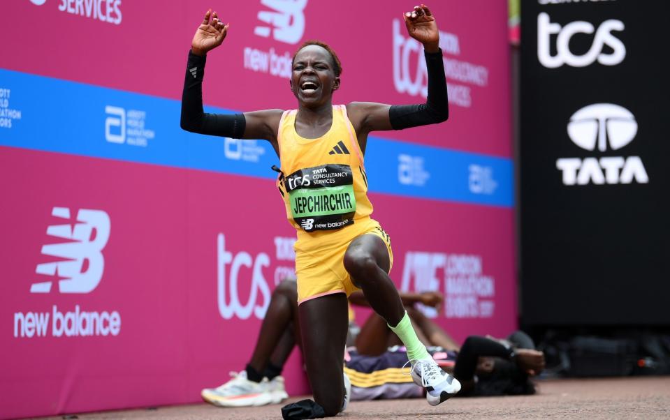 Peres Jepchirchir of Kenya celebrates winning the Women's elite race