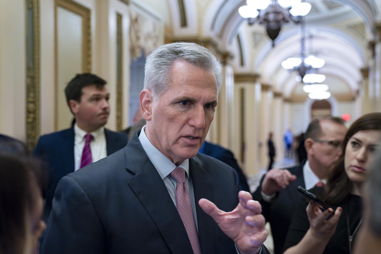 Speaker of the House Kevin McCarthy, R-Calif., talks with reporters at the Capitol in Washington, Friday, April 28, 2023. Earlier this week, McCarthy united the House Republican majority to pass a sweeping debt ceiling package. (AP Photo/J. Scott Applewhite)