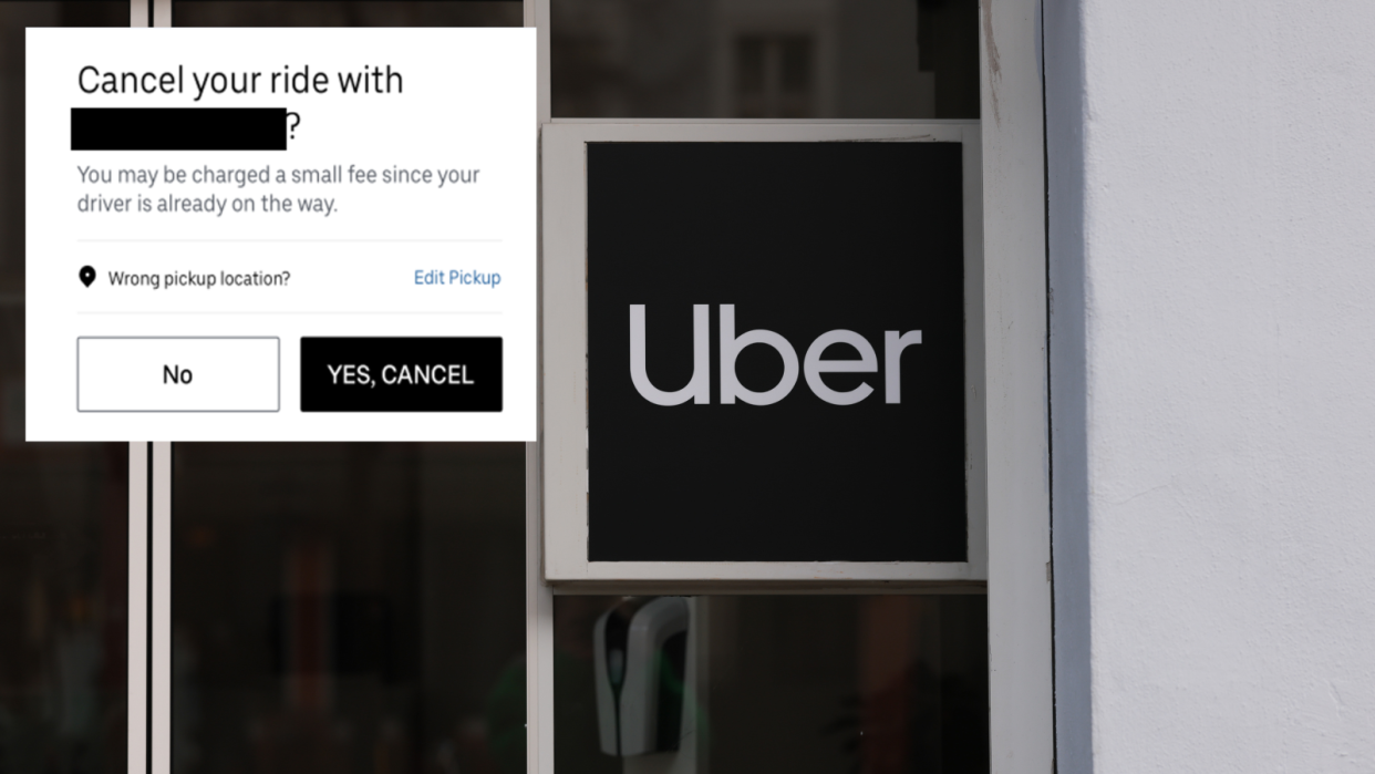 A composite image of a sign that says 'Uber' and a copy of the cancellation message shown to users.