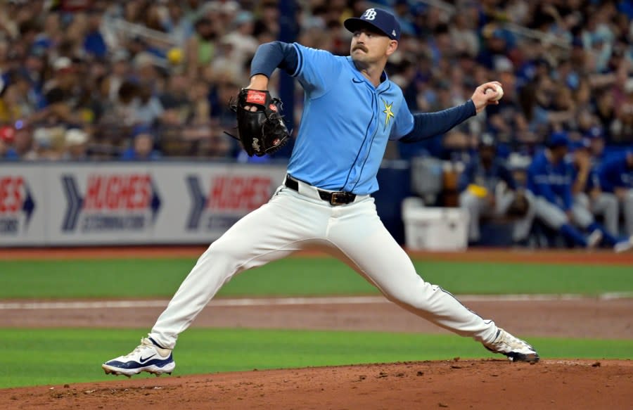 Tampa Bay Rays’ Tyler Alexander throws to a Toronto Blue Jays batter during the second inning of a baseball game Sunday, March 31, 2024, in St. Petersburg, Fla. (AP Photo/Steve Nesius)