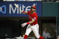 Texas Rangers' Anderson Tejeda watches a foul ball during the third inning of the team's baseball game against the Baltimore Orioles in Arlington, Texas, Friday, April 16, 2021. Tejeda struck out on the at-bat. (AP Photo/Roger Steinman)