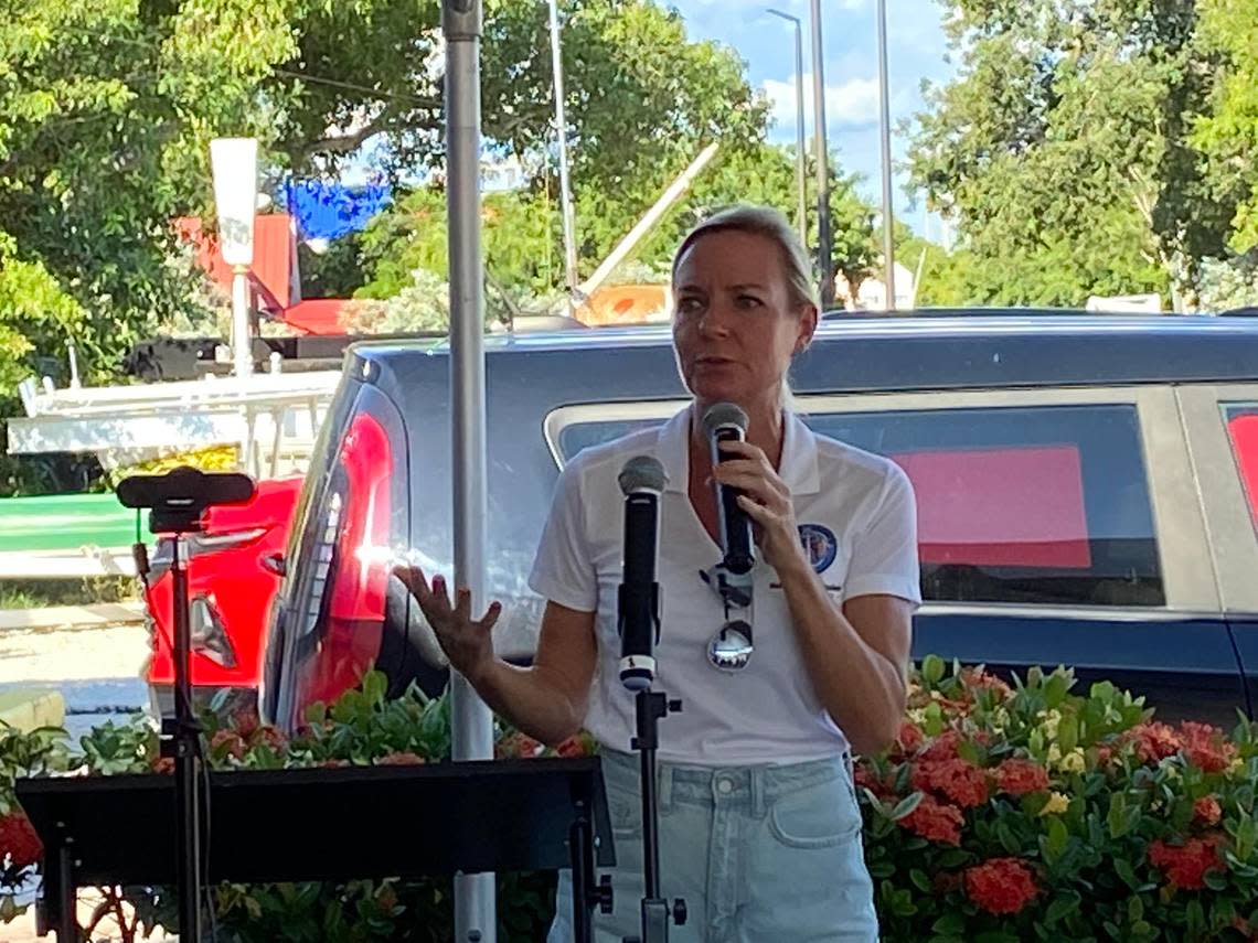 Monroe County Commissioner Holly Raschein speaks at a rally outside a Key Largo restaurant Sunday, Oct. 8, 2023, protesting against a proposal to merge Florida judicial circuits.