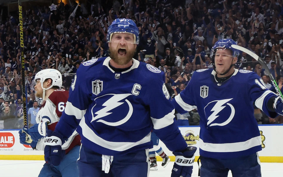 Steven Stamkos (91) of the Tampa Bay Lightning celebrates a goal against the Colorado Avalanche . (Photo by Bruce Bennett/Getty Images)