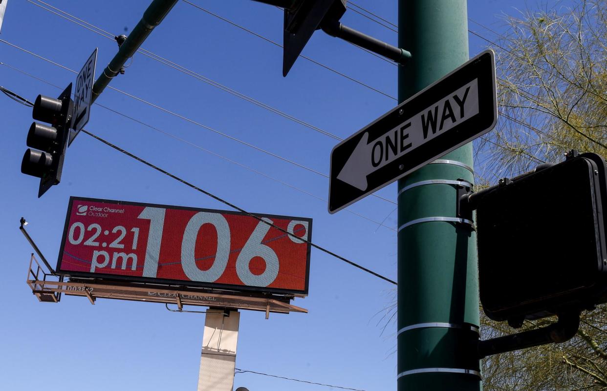 <span>A billboard shows the temperature in Phoenix, Arizona, on 5 June 2024.</span><span>Photograph: Justin Sullivan/Getty Images</span>