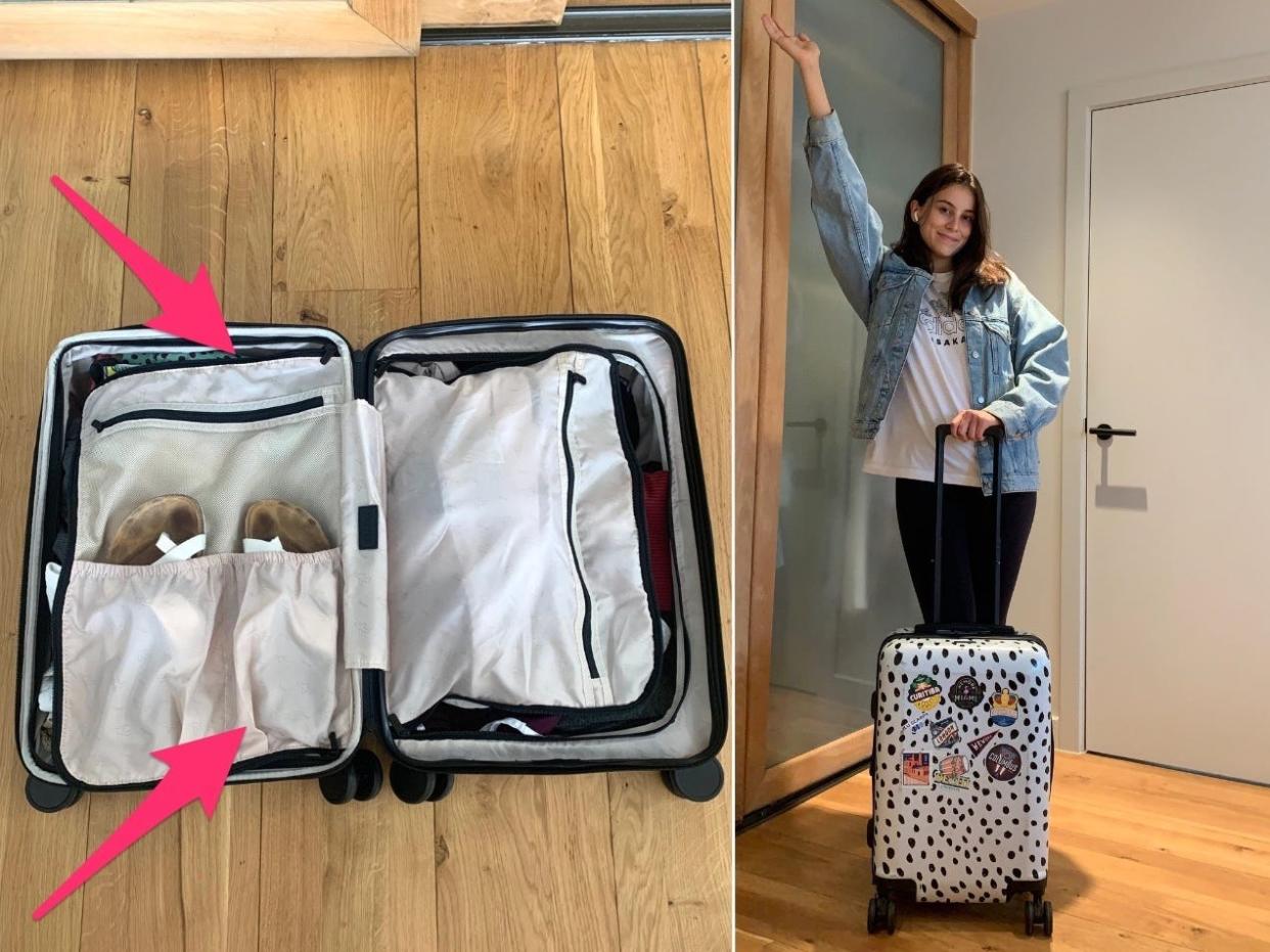 The packed suitcase (right), and Maria Noyen (left).