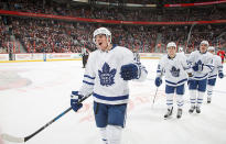 <p>Oct. 12, 2016: Toronto Maple Leafs rookie Auston Matthews celebrates his first career NHL goal in the team's season opener against the Ottawa Senators. It wouldn't be his only goal of the night…. (Getty Images) </p>