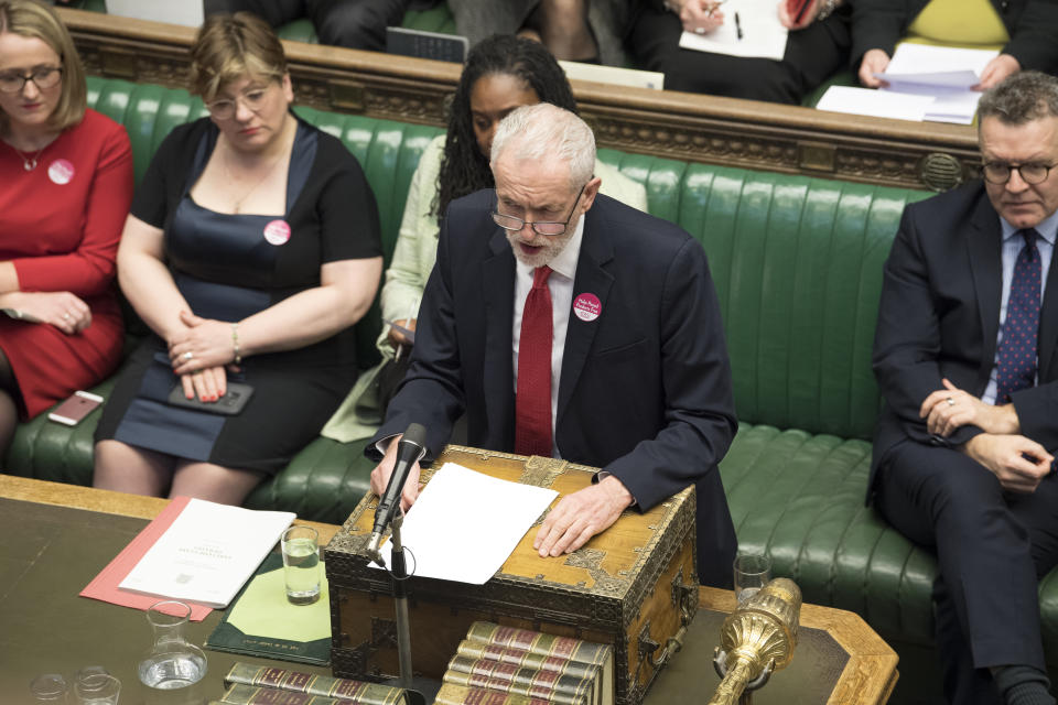 Britain's opposition leader Jeremy Corbyn speaks to lawmakers in the House of Commons, London, Wednesday March 13, 2019. Political crisis in Britain is sparking anxiety across the European Union, as fears rise that Britain will crash out of the bloc on March 29 without a withdrawal agreement to smooth the way. (Mark Duffy/UK Parliament via AP)