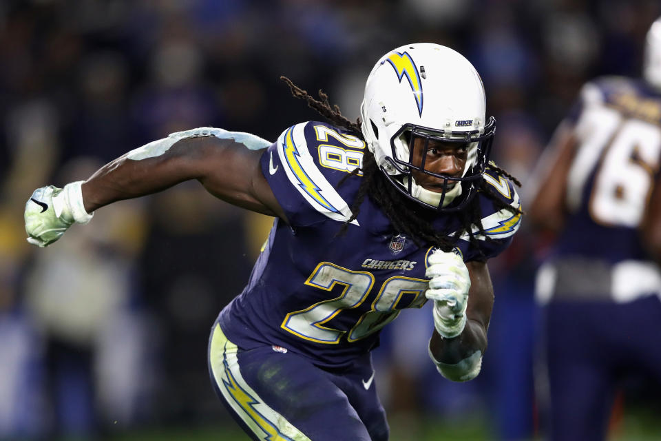 CARSON, CA - DECEMBER 22:  Melvin Gordon #28 of the Los Angeles Chargers runs on a pass play during the second half of a game against the Baltimore Ravens at StubHub Center on December 22, 2018 in Carson, California.  (Photo by Sean M. Haffey/Getty Images)