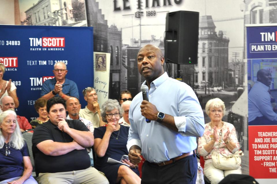GOP presidential candidate South Carolina Senator Tim Scott speaks at a town hall in Le Mars, Iowa in the leadup to the January 15, Iowa Caucuses, telling attendees “One of the blessings of being in Iowa is recognizing that hard work and grit pays dividends for the entire nation.”