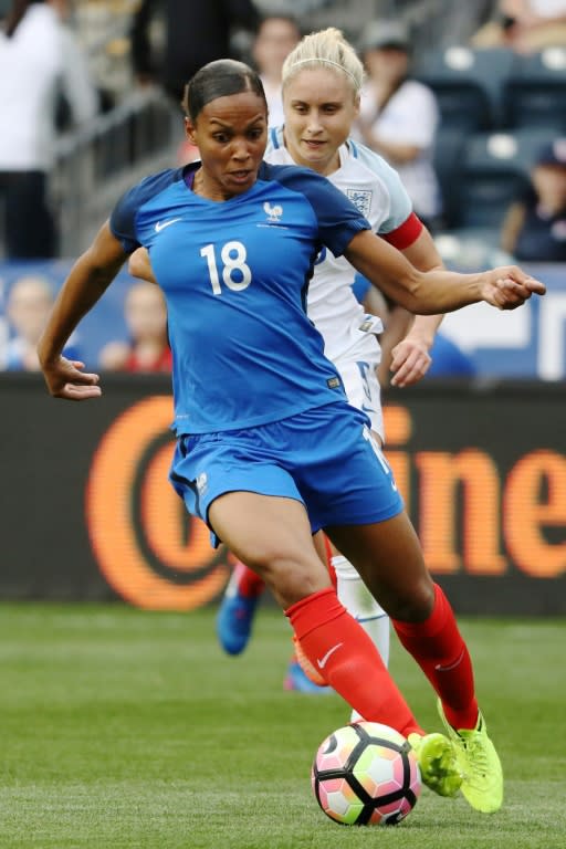 France's Marie-Laure Delie runs with the ball during their SheBelieves Cup match against England, in Chester, Pensilvania, on March 1, 2017