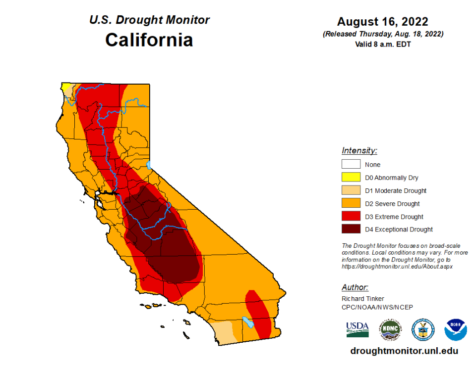 The U.S. Drought Monitor classified nearly all of California in severe to exceptional drought as of Aug. 16.