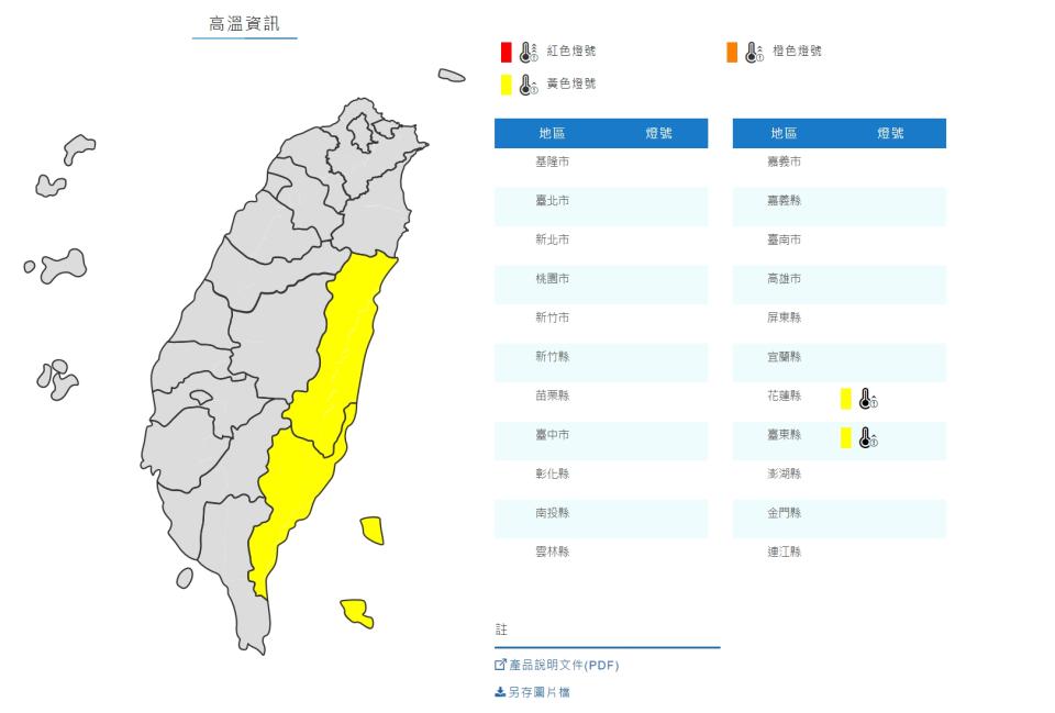 氣象局針對兩縣市發布高溫資訊。（圖／翻攝自中央氣象局）