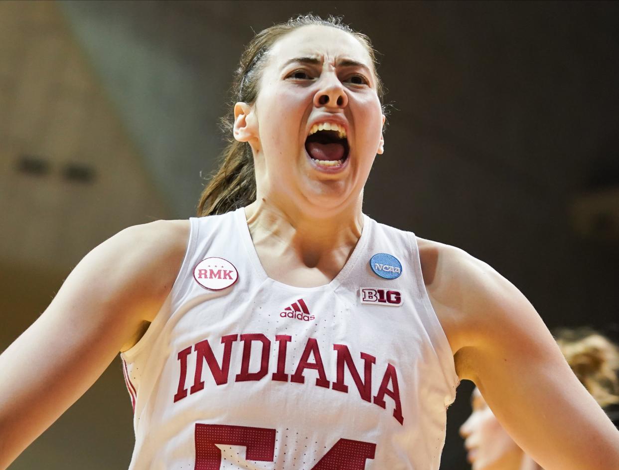 Indiana Hoosiers forward Mackenzie Holmes (54) celebrates after a play during the NCAA tournament first round game against the Fairfield Stags at Simon Skjodt Assembly Hall on Saturday, March 23, 2024.