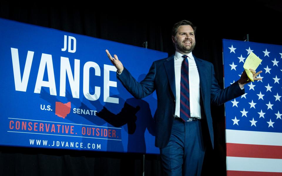JD Vance arrives onstage after winning Ohio's Republican Senate primary on May 3, 2022