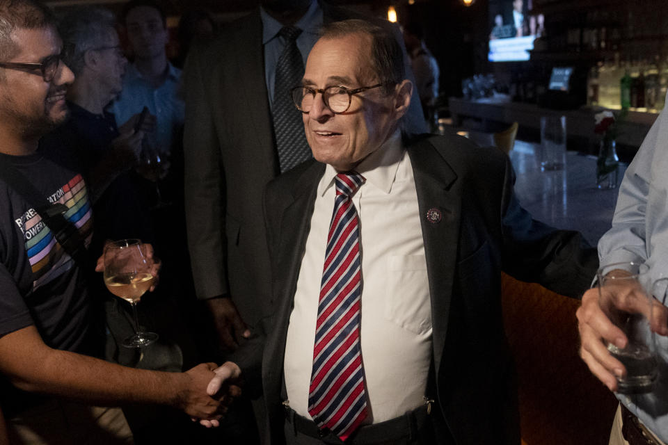 U.S. Rep. Jerry Nadler mingles during his election night victory party in the Democratic primary election, Tuesday, Aug. 23, 2022, in New York. Nadler won in New York's 12th Congressional District Democratic primary against attorney Suraj Patel and U.S. Rep. Carolyn Maloney. (AP Photo/John Minchillo)