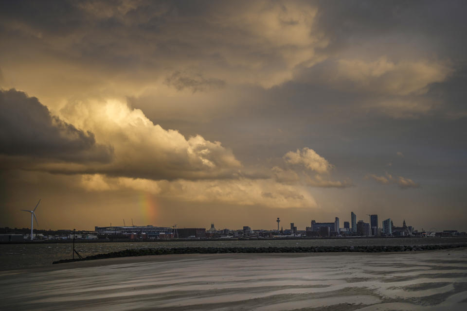 LIVERPOOL, U NITED KINGDOM- SEPTEMBER 27: Storm clouds gather over Liverpool and the river Mersey as the winds of Storm Agnes approaches the UK on September 27, 2023 in Liverpool, United Kingdom. (Photo by Christopher Furlong/Getty Images)