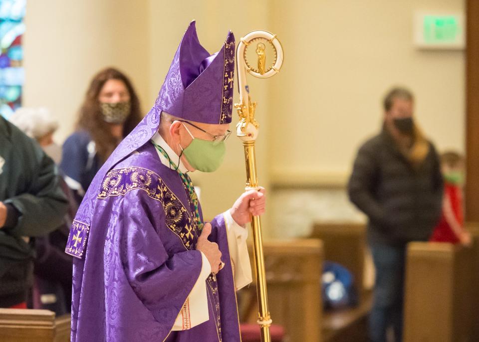 Bishop J. Douglas Deshotel during Ash Wednesdasy Mass at the Cathedral of St. John the Evangelist.Wednesday, Feb. 17, 2021.