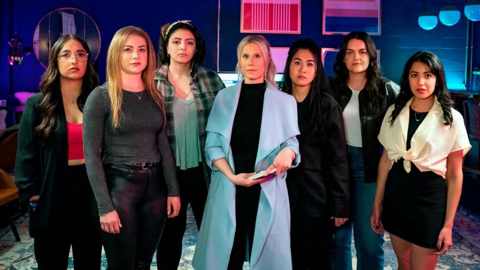 PHOTO: Freeform's 'Sasha Reid & The Midnight Order' stars Anjali Arora, Marina Jarenova, Ayah Ellithy, Sasha Reid , Florence Tang, Hana Georgoulis, and Hasti Pourriahi.  (Sarah Koury/Freeform)