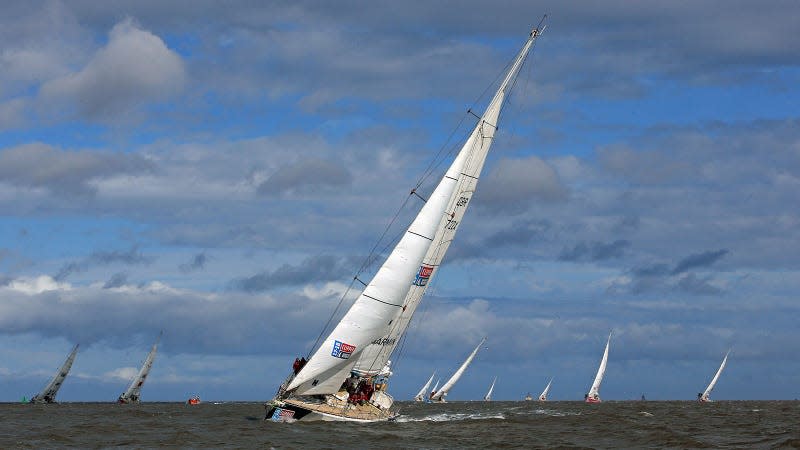 A photo of sailing ships in the round the world Clipper race.