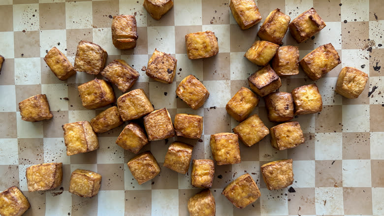 cooked tofu on baking sheet