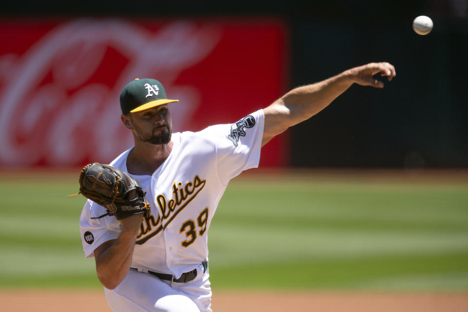 Oakland Athletics starting pitcher Kyle Muller (39) delivers against the Chicago White Sox during the first inning of a baseball game, Saturday, July 1, 2023, in Oakland, Calif. (AP Photo/D. Ross Cameron)