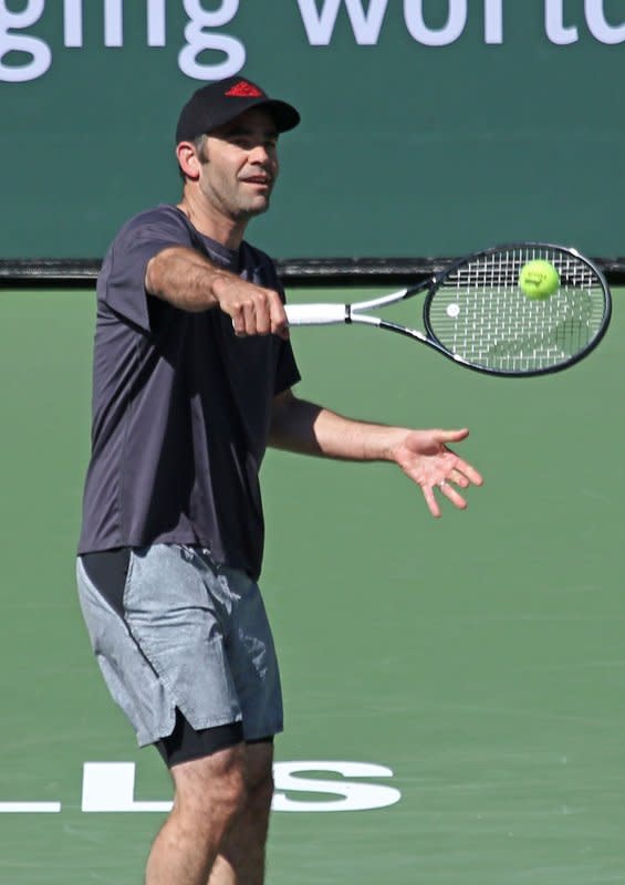 Pete Sampras hits a shot during an exhibition match at the BNP Paribas Open in Indian Wells, Calif., on March 16, 2019. The tennis player turns 52 on August 12. File Photo by David Silpa/UPI