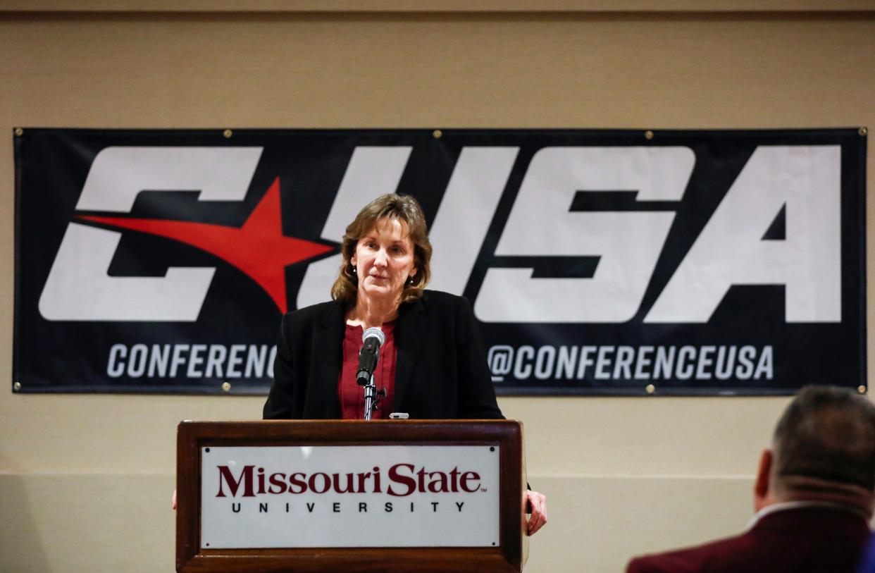 Conference USA Commissioner Judy MacLeod talks about why the conference added Missouri State as the 12th team to the CUSA during a press conference at Great Southern Bank Arena on Monday, May 13, 2024.