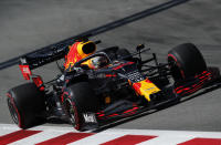 Red Bull driver Max Verstappen of the Netherlands steers his car during a practice session prior to the Formula One Grand Prix at the Barcelona Catalunya racetrack in Montmelo, Spain, Friday, Aug. 14, 2020. (Albert Gea, Pool via AP)