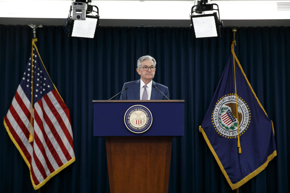 FILE - In this March 3, 2020 file photo, Federal Reserve Chair Jerome Powell speaks during a news conference to discuss an announcement from the Federal Open Market Committee, in Washington. The Federal Reserve said Friday, April 24, it had $85.8 billion in loans outstanding last week in three of the programs it rolled out last month to protect the economy during the coronavirus pandemic. (AP Photo/Jacquelyn Martin, File)