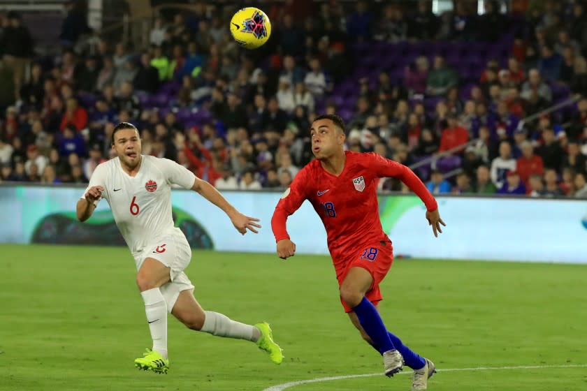 ORLANDO, FLORIDA - NOVEMBER 15: Sergino Dest #18 of the United States controls the ball during the CONCACAF Nations League match against Canada at Exploria Stadium on November 15, 2019 in Orlando, Florida. (Photo by Sam Greenwood/Getty Images)