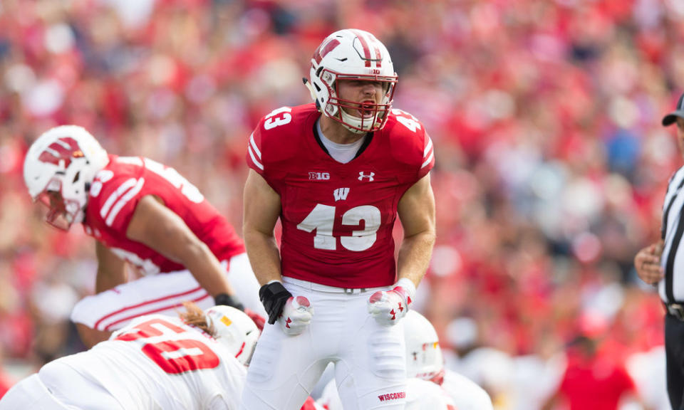 Sep 8, 2018; Madison, WI, USA; Wisconsin Badgers linebacker Ryan Connelly (43) during the game against the New Mexico Lobos at Camp Randall Stadium. Mandatory Credit: Jeff Hanisch-USA TODAY Sports