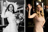 (FILE PHOTO) In this composite image a comparison has been made between Amanda Seyfried (L) and actress Linda Lovelace. Amanda Seyfried will reportedly play Linda Lovelace in a film biopic entitled 'Lovelace.' ***LEFT IMAGE*** 1974: American pornographic actress Linda Lovelace (1949 - 2002) arriving at London Airport (now Heathrow) on May 28, 1974. She is wearing a lace dress and matching hat. (Photo by Evening Standard/Hulton Archive/Getty Images) ***RIGHT IMAGE*** LOS ANGELES, CA - FEBRUARY 21: Actress Amanda Seyfried arrives at the premiere of Summit Entertainment's "Gone" at the Arclight Theater on February 21, 2012 in Los Angeles, California. (Photo by Kevin Winter/Getty Images)