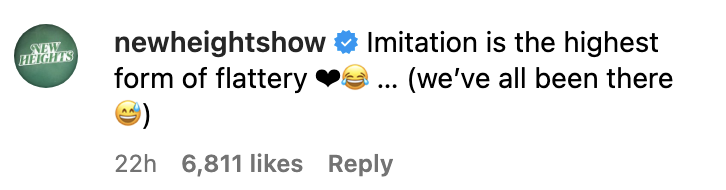 Social media screenshot of a comment by newheightshow saying "imitation is the highest form of flattery ?... (we've all been there)" with emojis