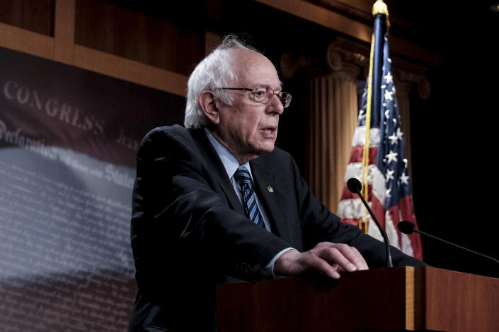 Bernie Sanders (I-VT) speaks to members of the press on Capitol Hill on March 7, 2023. (Michael A. McCoy/The New York Times)