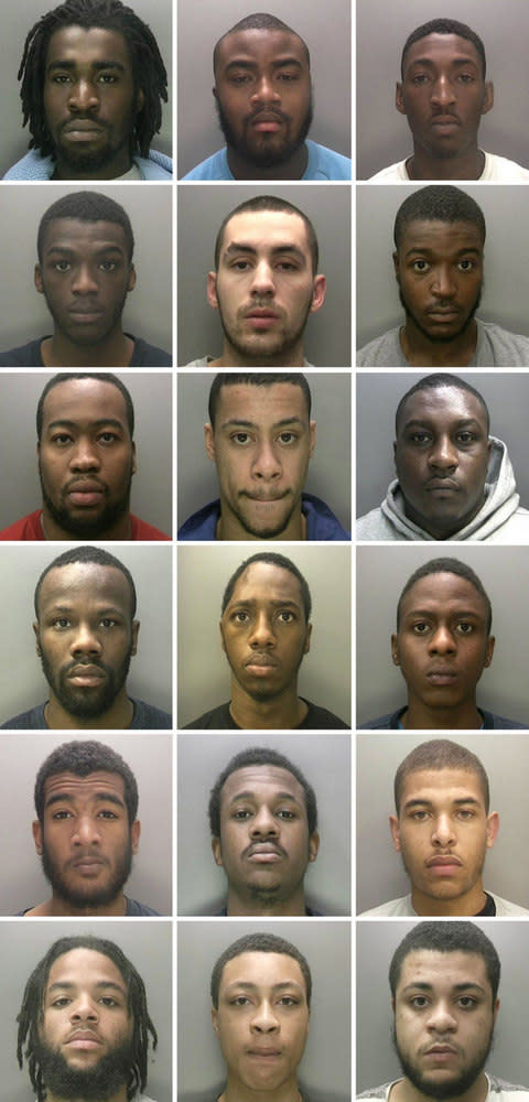 Birmingham gang members (left to right - top to bottom) Lawrence Morgan, Jerome Jones, Jerome Christie, Ushane Jeffers, Kayne Robinson, Ashai Grey, Jacob Brown, Cash Wallace, Ishmail Lee, Isaac Duffus, Baboucarr Huma, Reial Phillips, Naasir Francis, Akeem Ivey-Foster, Ravelle Hutchinson, Tesfa Bernard-Wheeler, Rayani Sutherland and Omarni Bernard-Sewell - Credit: PA/West Midlands Police