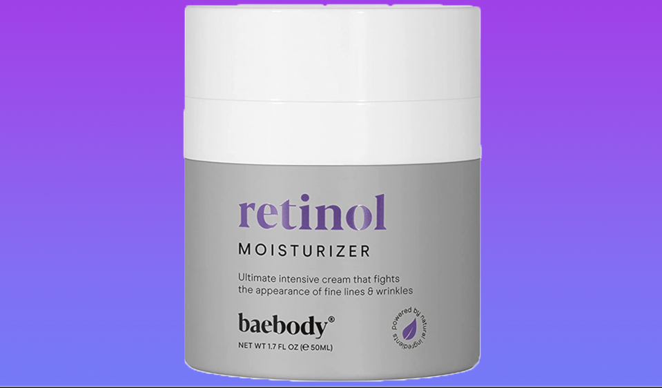 A photo of the baebody retinol moisturizer on a colorful background.